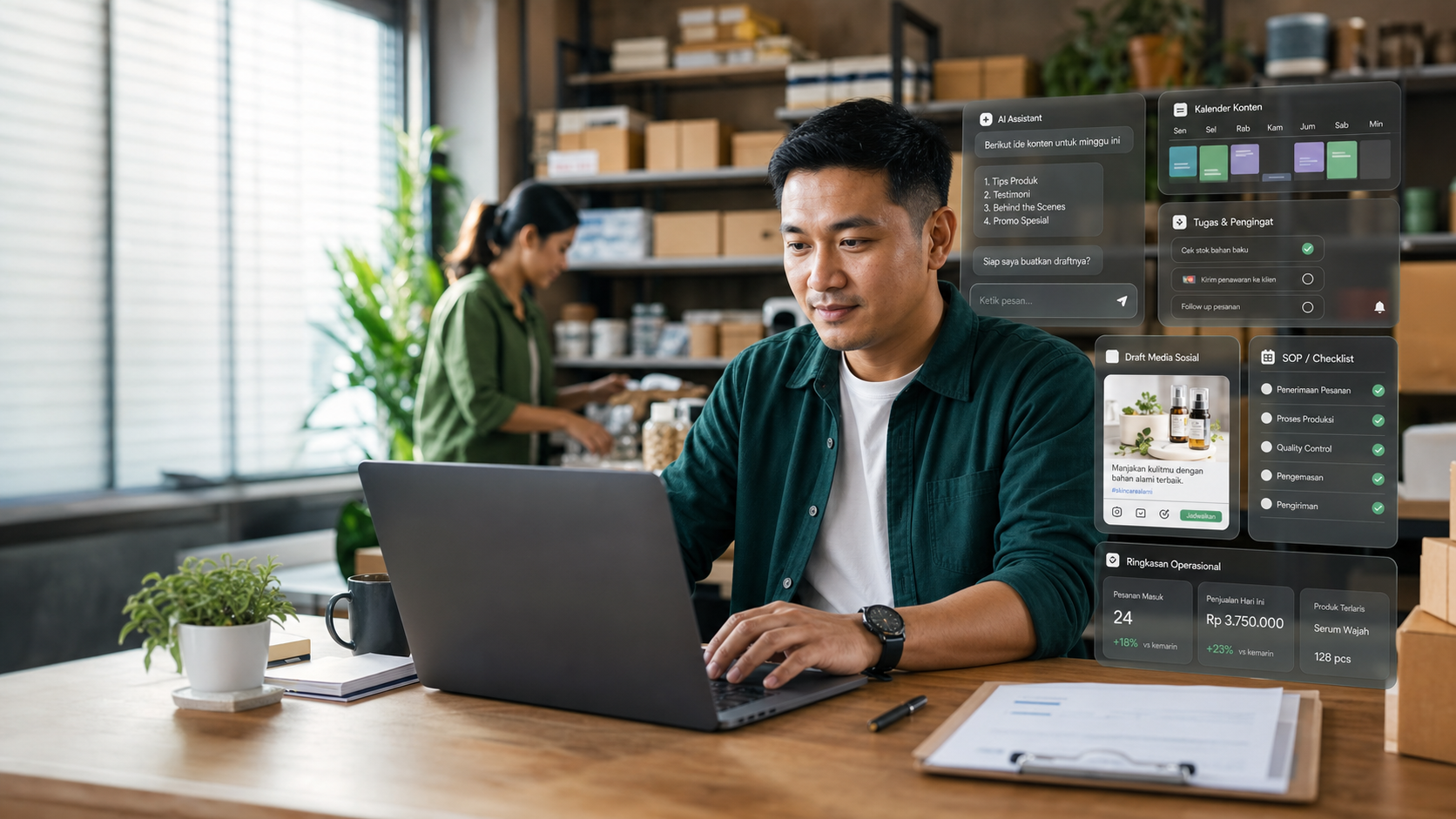 Business owner mengelola dashboard AI assistant untuk workflow bisnis