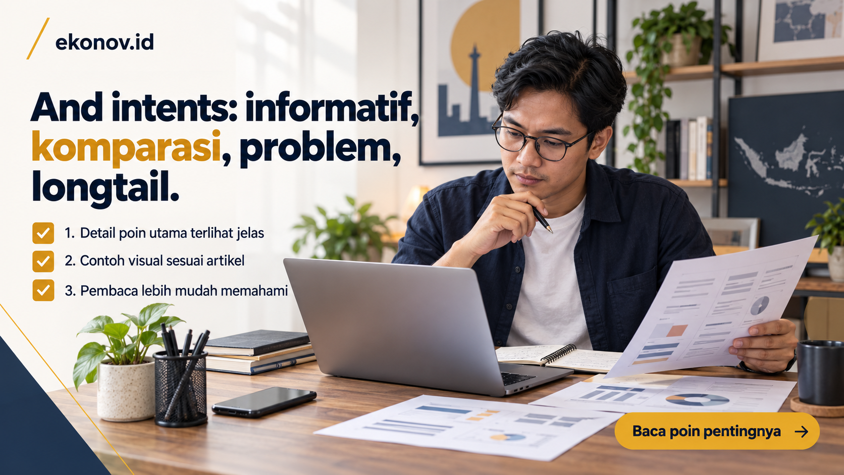 Ilustrasi cara mendapatkan pelanggan dari google - And intents: informatif, komparasi, problem, longtail.